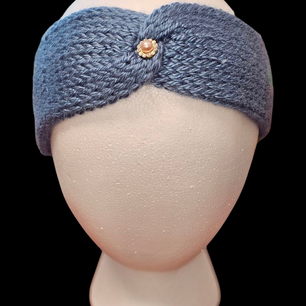 Blue Knitted Headband with Pearl Accent